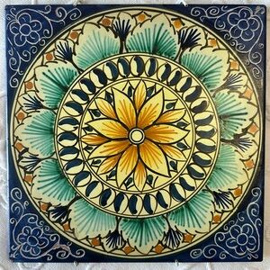 Italian Majolica Ceramic‎ Blue and Yellow Tile w/ Wall Hanging Bracket 8" X 8"